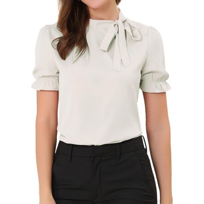 INSPIRE CHIC Women's Bow Tie Neck Solid Color Elastic Cuffs Elegant Office Short Sleeve Blouse