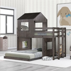 PAGED Wooden Twin Over Full Loft and Bunk Bed, Loft Bed with Playhouse, Farmhouse, Ladder and Guardrails, White - 1 of 4