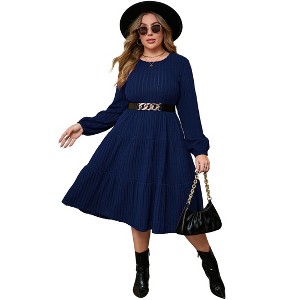 Clearlove Plus Size Women's Casual Knit Long Sleeve Swing Dress with Belt - 1 of 4