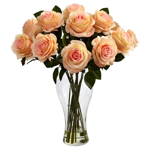 Nearly Natural Blooming Roses with Vase, Peach - image 1 of 4