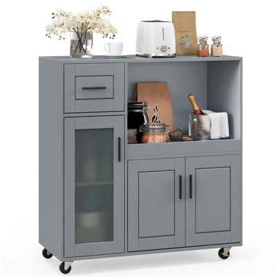 Tangkula Kitchen Island Cart on Wheels Microwave Cabinet w/ Frosted Tempered Glass Door