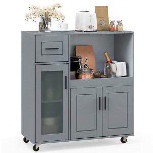 Tangkula Kitchen Island Cart on Wheels Microwave Cabinet w/ Frosted Tempered Glass Door - 1 of 4