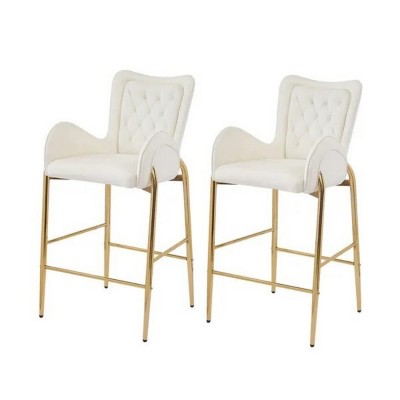 28.75inch Counter Height Bar Stools Set of 2, Bar Height Arm Chairs, Velvet Fabric Stools with Golden Legs and Footrests, White