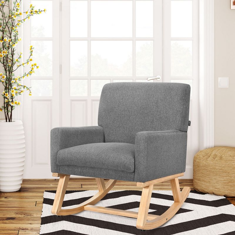 Costway Mid Century Rocking Chair Upholstered Armchair w/ Lumbar Support BeigeGray, 4 of 11