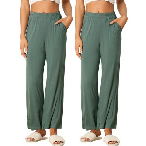 cheibear Women's Cotton Elastic Waist Straight Wide Leg Long Pants with Pocket 2 Pack - 1 of 4