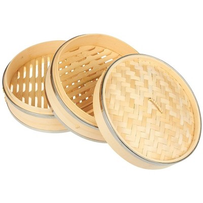 Natural Bamboo Two-Tier Steamer Basket with Steel Rings, 10-inch