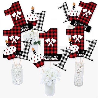 Big Dot of Happiness 1st Birthday Lumberjack - Channel The Flannel - Buffalo Plaid First Birthday Party Centerpiece Sticks - Table Toppers - Set of 15