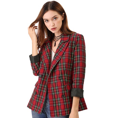 Allegra K Women's Notched Lapel Double Breasted Plaid Blazer Jacket Red  Green S : Target