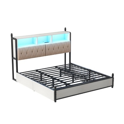 AMERLIFE Bed Frame with Bookcase Headboard, 4 Drawers, Charging Station, No Box Spring