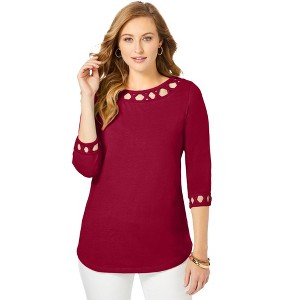 Jessica London Women's Plus Size Stretch Cotton Lattice Boatneck Tunic - 1 of 4