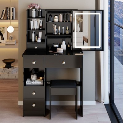 Vanity Table with Touch Sliding Tri-Color LED Mirror,Cushioned Stool and Storage Drawers for Bedroom–The Pop Home
