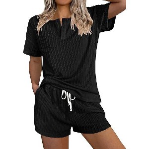 Ekouaer Ribbed Knit Lounge Sets for Women 2 Piece Outfits Short Sleeve Top and Shorts Pajama Sets Tracksuit Sweatsuits - 1 of 4