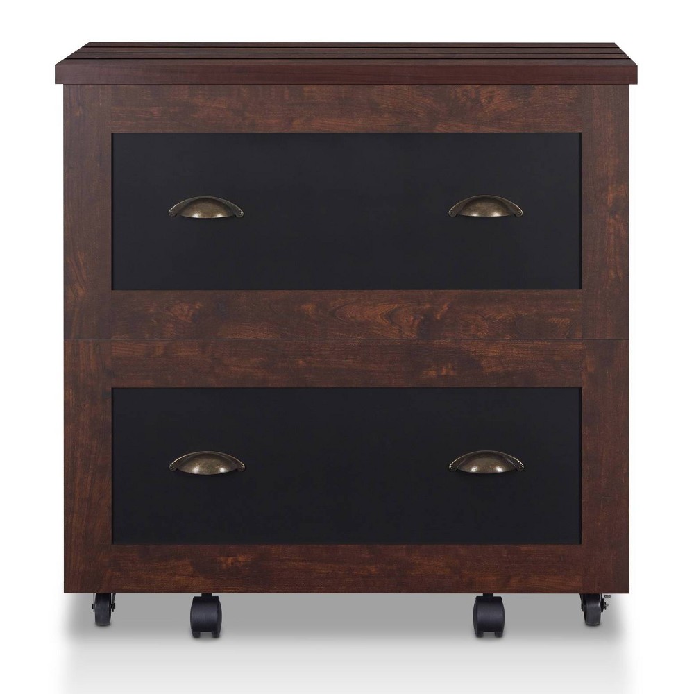 24/7 Shop At Home Garon Rustic 2 Drawer Filing Cabinet Walnut: Industrial Brass Handles, Chalkboard Inserts