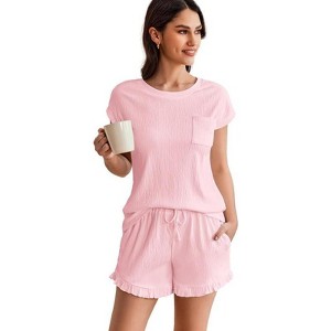 Ekouaer Womens Pajama Set Cap Sleeve Tops and Ruffle Shorts Lounge Set 2 Piece Pj Sets Casual Sleepwear with Pockets - 1 of 4