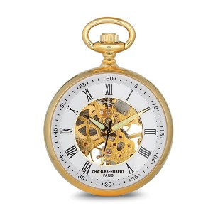Black Bow Jewelry Charles Hubert Gold Finish Open Face White Skeleton Pocket Watch - 1 of 2