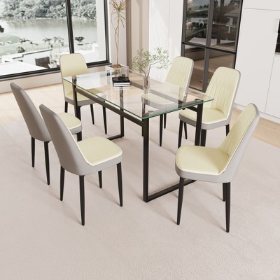 NicBex Dining Table for 6 Modern Kitchen Table Chairs Set with Glass Tabletop and 6 Thick Cushion PU Chairs for Kitchen
