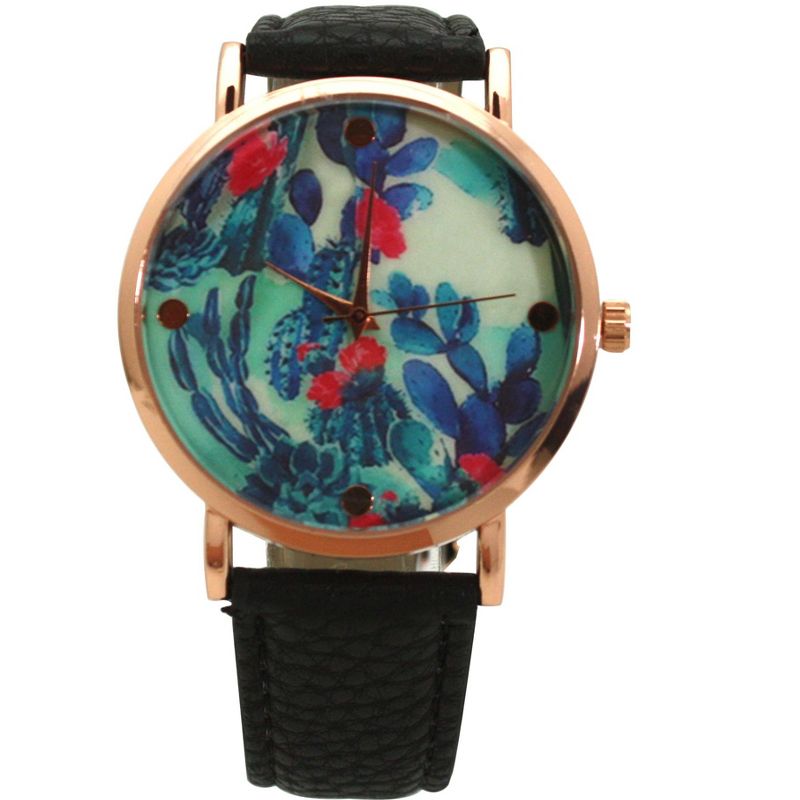 BLACK COLORFUL CACTUS DIAL LEATHER STRAP WATCH, 1 of 6