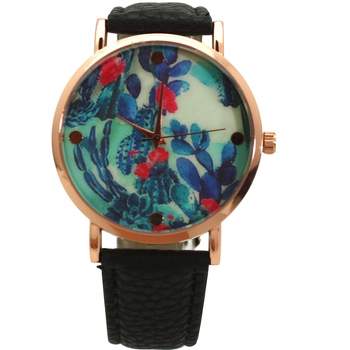 BLACK COLORFUL CACTUS DIAL LEATHER STRAP WATCH