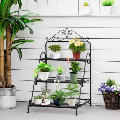 Outsunny Black 3-Tier Metal Plant Stand with Scrollwork