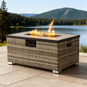 32" Propane Gas Fire Pit Table with Propane Tank Cover, 50000 BTU Rectangular Steel Outdoor Fire Pit Table with Wicker Base for Patio, Garden, 2 pcs - 1 of 4
