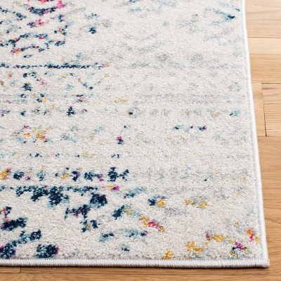 Ivory and Blue Geometric Round Synthetic Area Rug, 6' x 9'