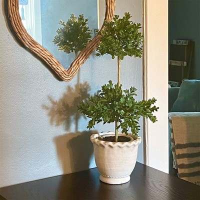 Green Plastic Double Boxwood Topiary in White Pot