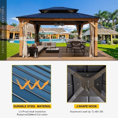 Richryce 13' x 15' Cedar Wood Gazebo with Metal Roof and Curtains