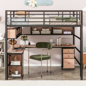 PAGED Twin Size Loft Bed with Desk Modern Simple Wooden Bed Frame with Storage Shelves, Wardrobe and Guardrail for Bedroom - 1 of 4