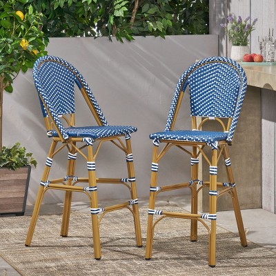 Set of 2 29.5" Outdoor PE Rattan and Aluminum French Barstools, Black and Bamboo Finish-Christopher Knight Home