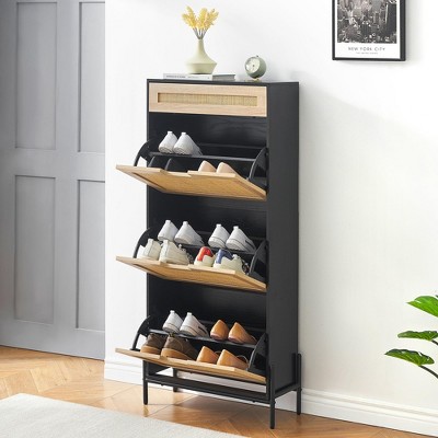 Shoe Cabinet with 3 Flip Drawers – Modern Wooden Shoe Organizer with Rattan Breathable Design & Adjustable Shelf for Entryway, Hallway, Living Room