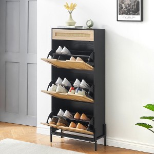 Shoe Cabinet with 3 Flip Drawers – Modern Wooden Shoe Organizer with Rattan Breathable Design & Adjustable Shelf for Entryway, Hallway, Living Room - 1 of 4