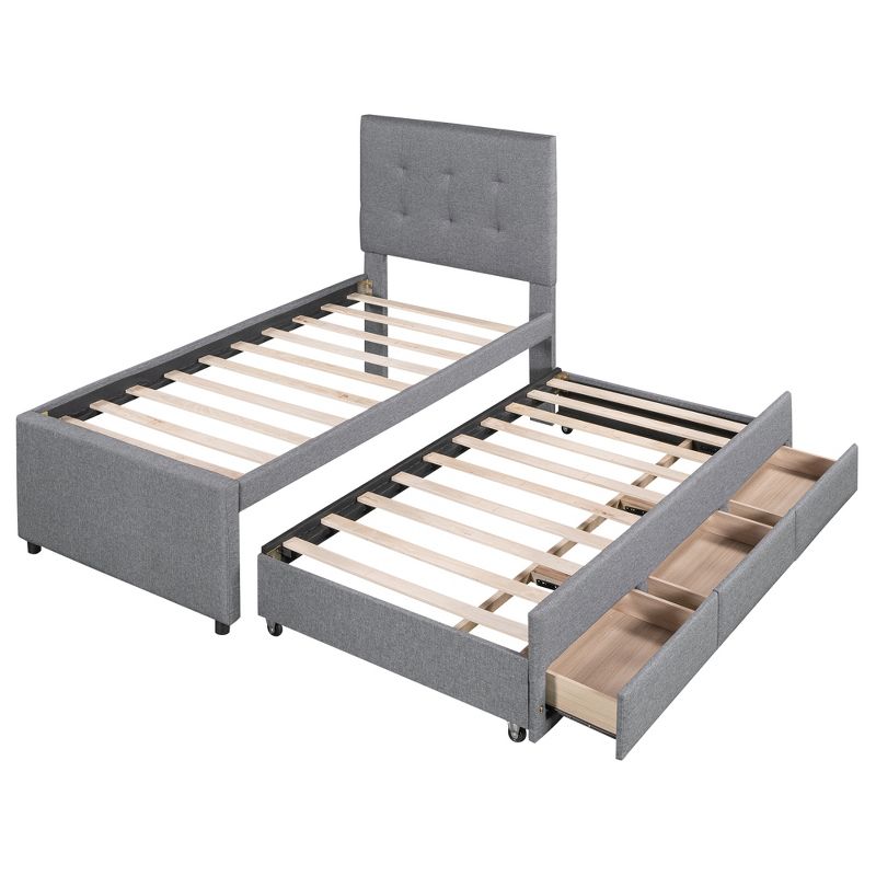Upholstered Platform Bed with Pull-out Twin Size Trundle Bed and 3 Drawers-ModernLuxe, 5 of 13