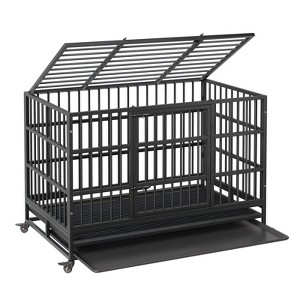 Heavy Duty Chew-Proof Metal Dog Crate Kennel With Double Door & Wheels - 3 Sizes - 1 of 4