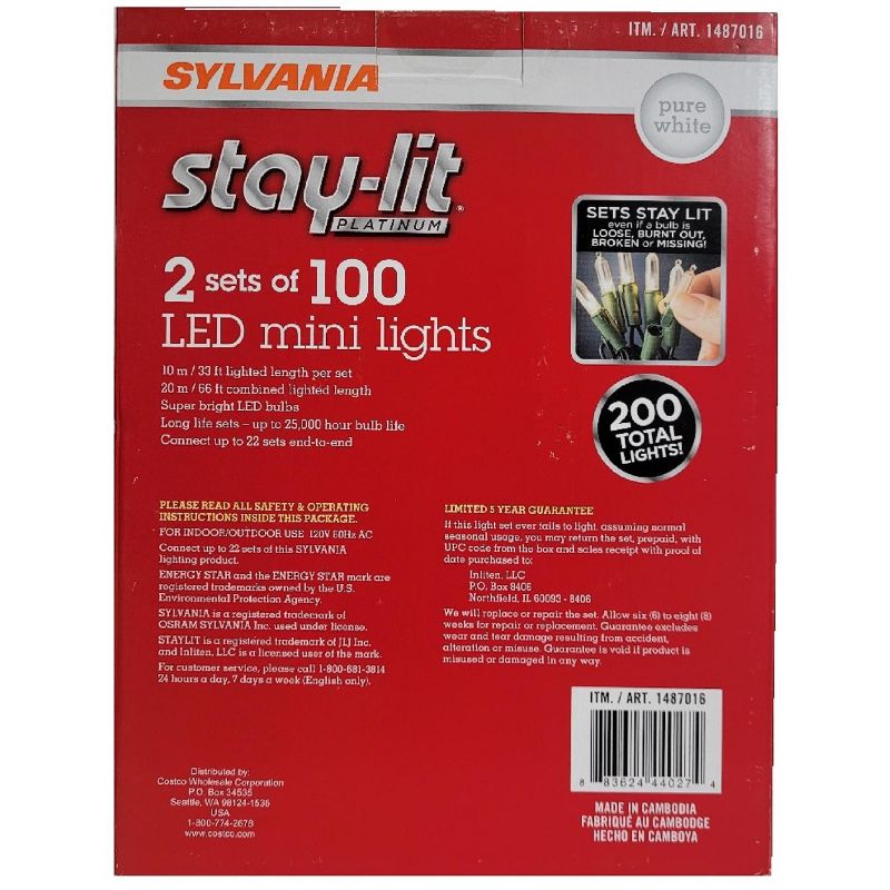 Sylvania Stay-Lit Platinum 2 set of 100 LED Mini Lights Pure White, 3 of 4