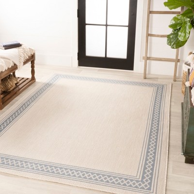 Lucia Cream and Blue Diamond Border Indoor/Outdoor Rug