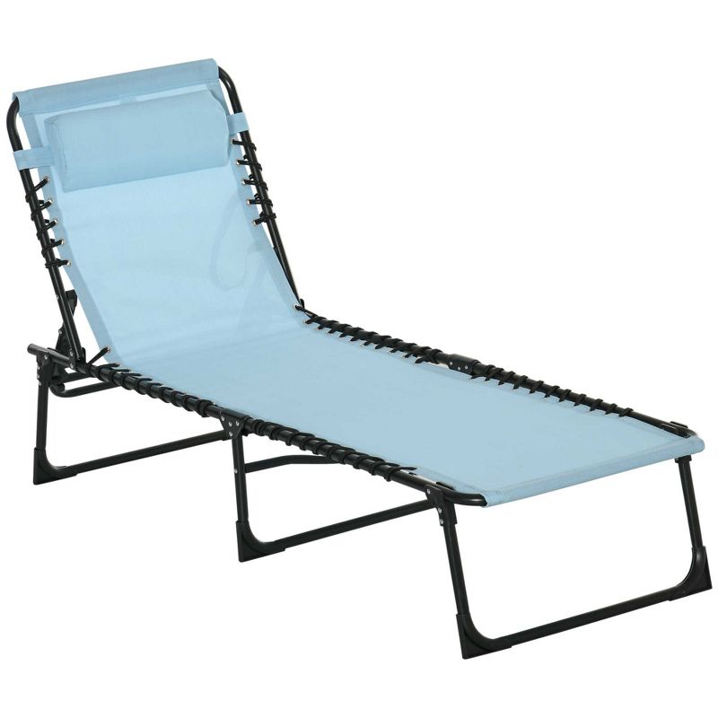 Folding Chaise Lounge Pool Chair with 4-Position Reclining Back, Pillow, Breathable Mesh & Bungee Seat, 1 of 12