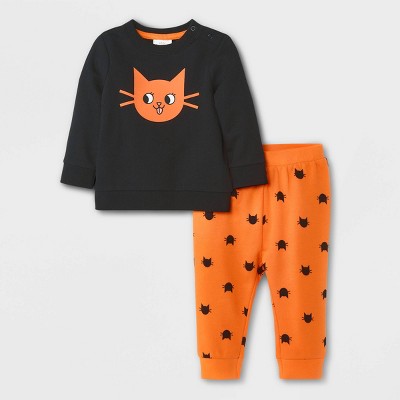Baby Girls' 2pc Cat Halloween Long Sleeve Fleece Top & Bottom Set - Cat & Jack™ Black 6-9M