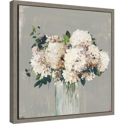 White Hydrangea in Vase Canvas Wall Art with Grey Frame