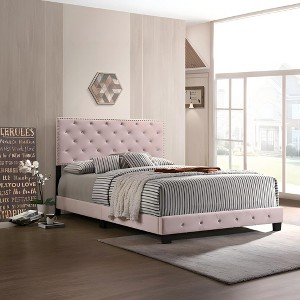 Okak All Size Charming Platform Bed with Upholstered Headboard & Beaded Design,Modern Bed Frame No Box Spring Needed - 1 of 4