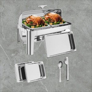 GustoWave 9 Qt. Rectangular Stainless Steel Roll Top Chafing Dish Buffet Server with 1 Full Size & 2 Half-Size Pans - 1 of 4