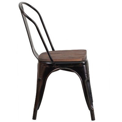 Rustic Black-Antique Gold Metal Stackable Side Chair with Wood Seat