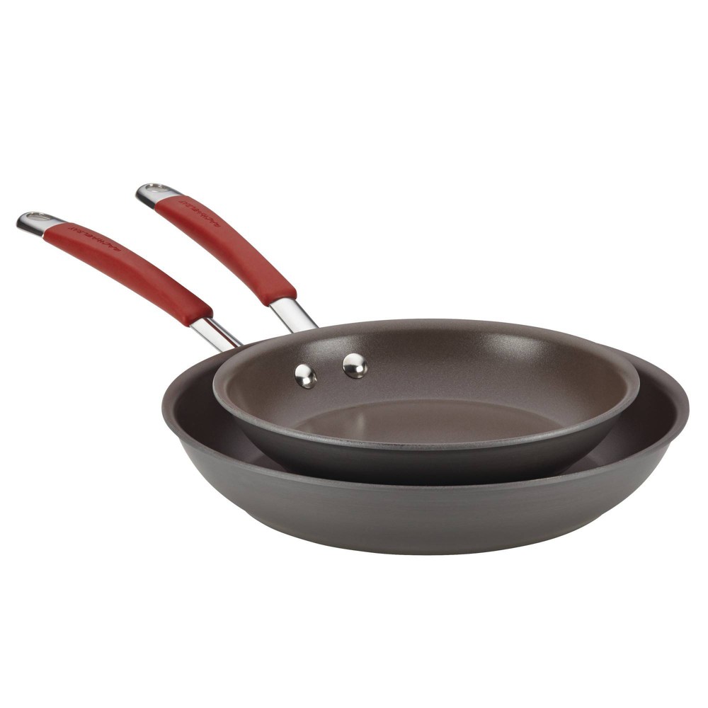 Rachael Ray Twin Pack Hard-Anodized Nonstick Skillet Set - Gray with Cranberry Red Handles