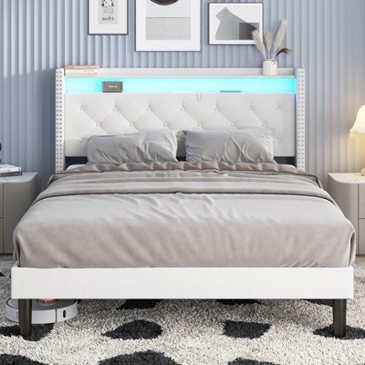 Velvet Upholstered Bed Frame with Lights, Charging Station and Storage
