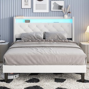 Velvet Upholstered Bed Frame with Lights, Charging Station and Storage - 1 of 4