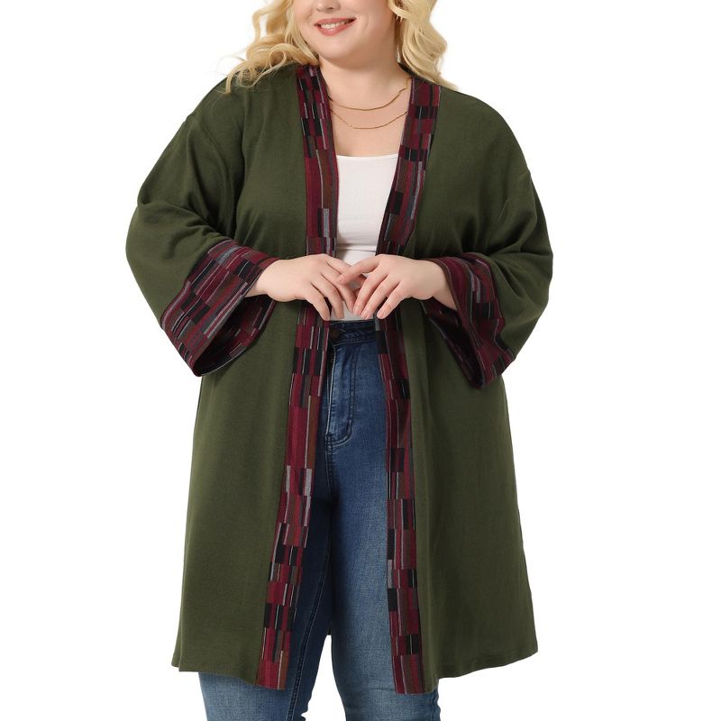 Agnes Orinda Women's Plus Size Contrast Placket Sleeves Knit Open Front Cardigans, 2 of 6