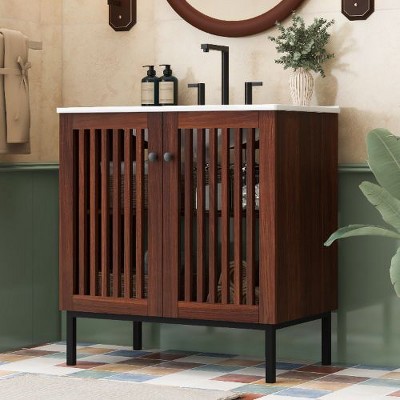 NicBex Bathroom Vanity with Sink –Rectangle Ceramic Basin, Tip-Out Tray, Rubber Wood Legs & Floral Patterns, Vintage Bathroom Vanity Cabinet
