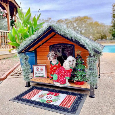 Large Brown Wooden Dog House with Metal Frame and Porch
