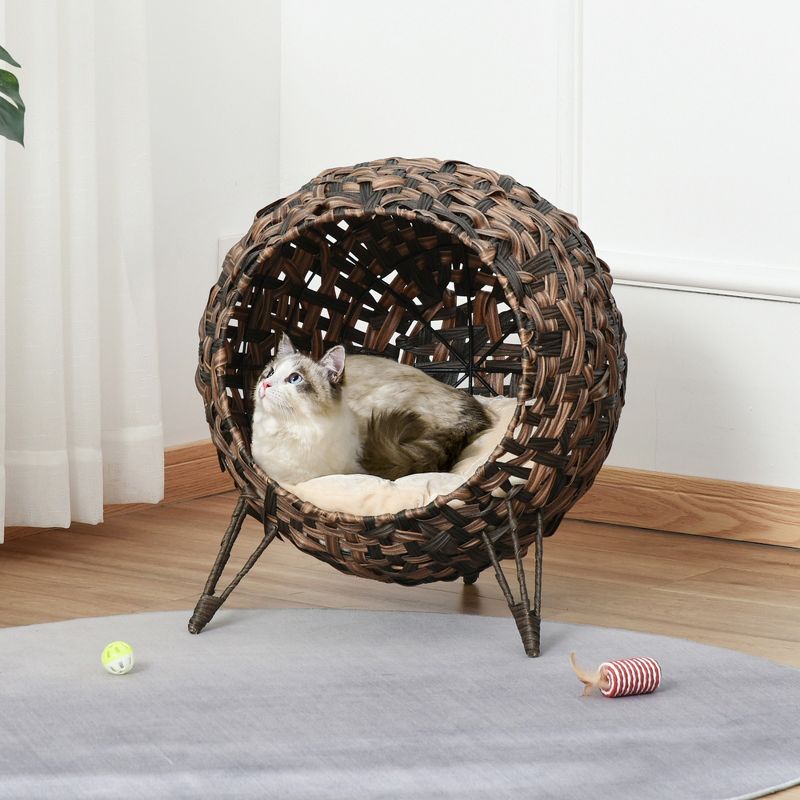PawHut 20.5" Rattan Cat Bed, Elevated Wicker Kitten House Round Condo with Cushion, 3 of 7
