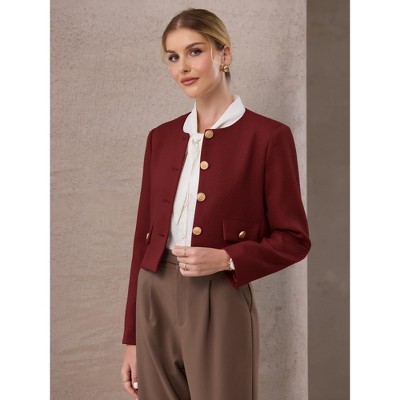 INSPIRE CHIC Women's Tweed Collarless Button Down Cropped Long Sleeve Office Work Jacket Blazer Large Dark Red — фото 3