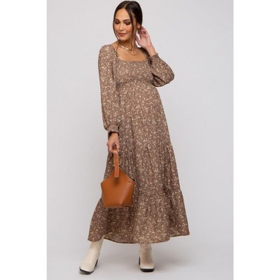 PinkBlush Mocha Floral Smocked Long Sleeve Maternity Maxi Dress